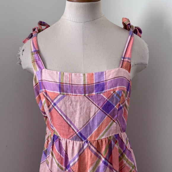 Anthropologie Kachel Medium Tie Strap Linen Maxi Dress ~ Pink Plaid Cottage - Picture 2 of 7